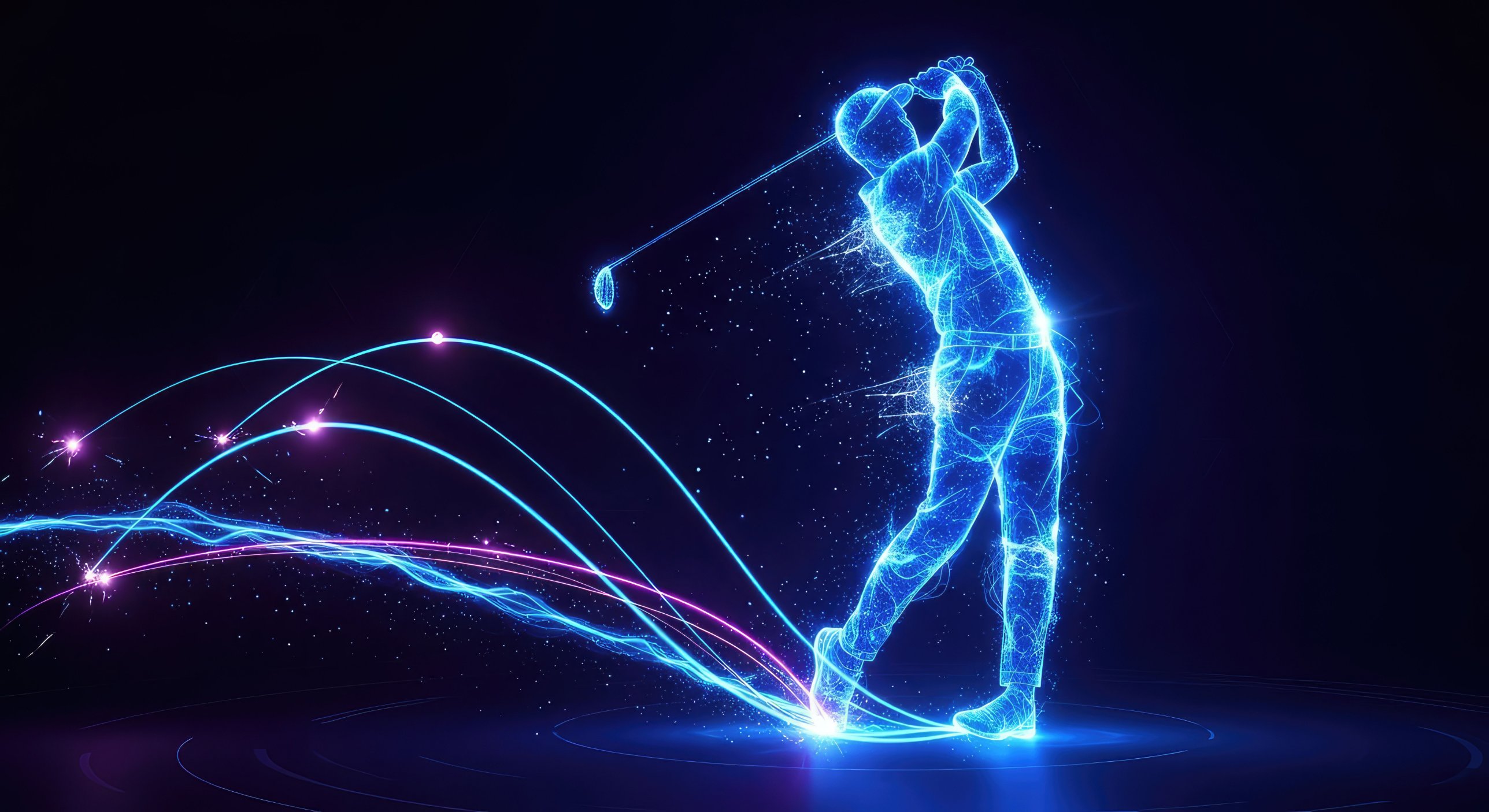 Glowing neon golfer finishing a swing, light trails arcing from the tee